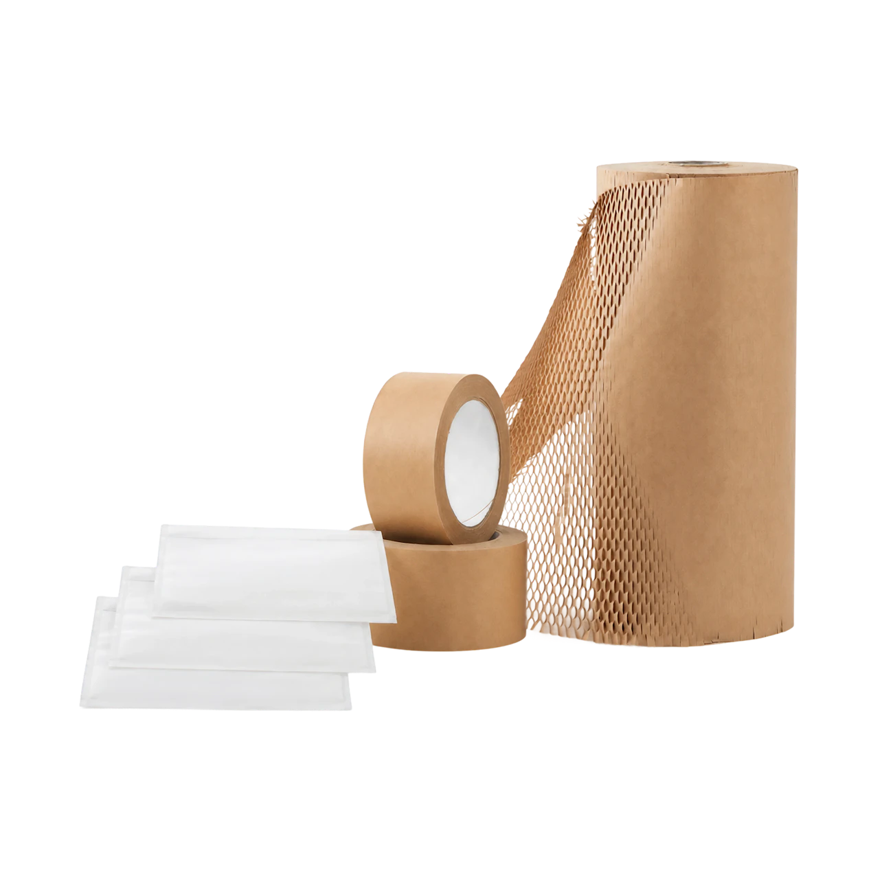 Zestaw 13 - Papier pakowy nacinany o strukturze plastra miodu 1 szt. + Taśma pakowa papierowa 2 szt. + Koszulka C6 „kangurek” 100 szt
