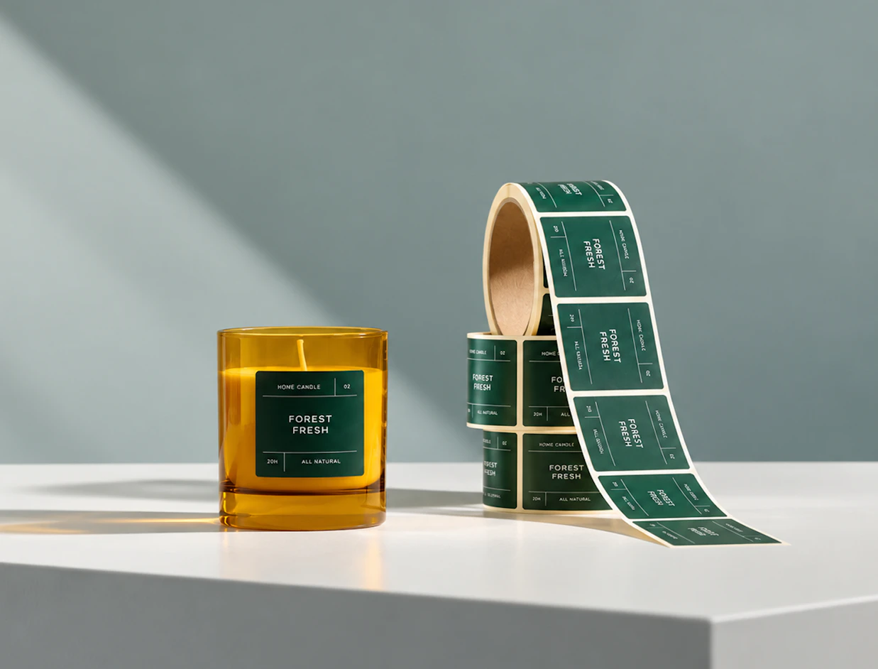 An amber glass candle labeled 'FOREST FRESH' sitting next to a roll of dark green labels on a white surface
