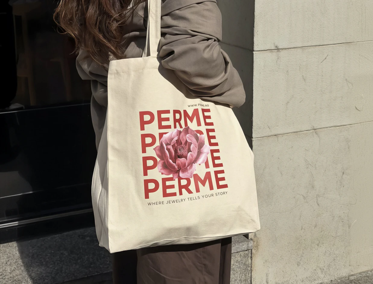 Person carrying a natural cotton tote bag with a red lettering and rose print over the shoulder