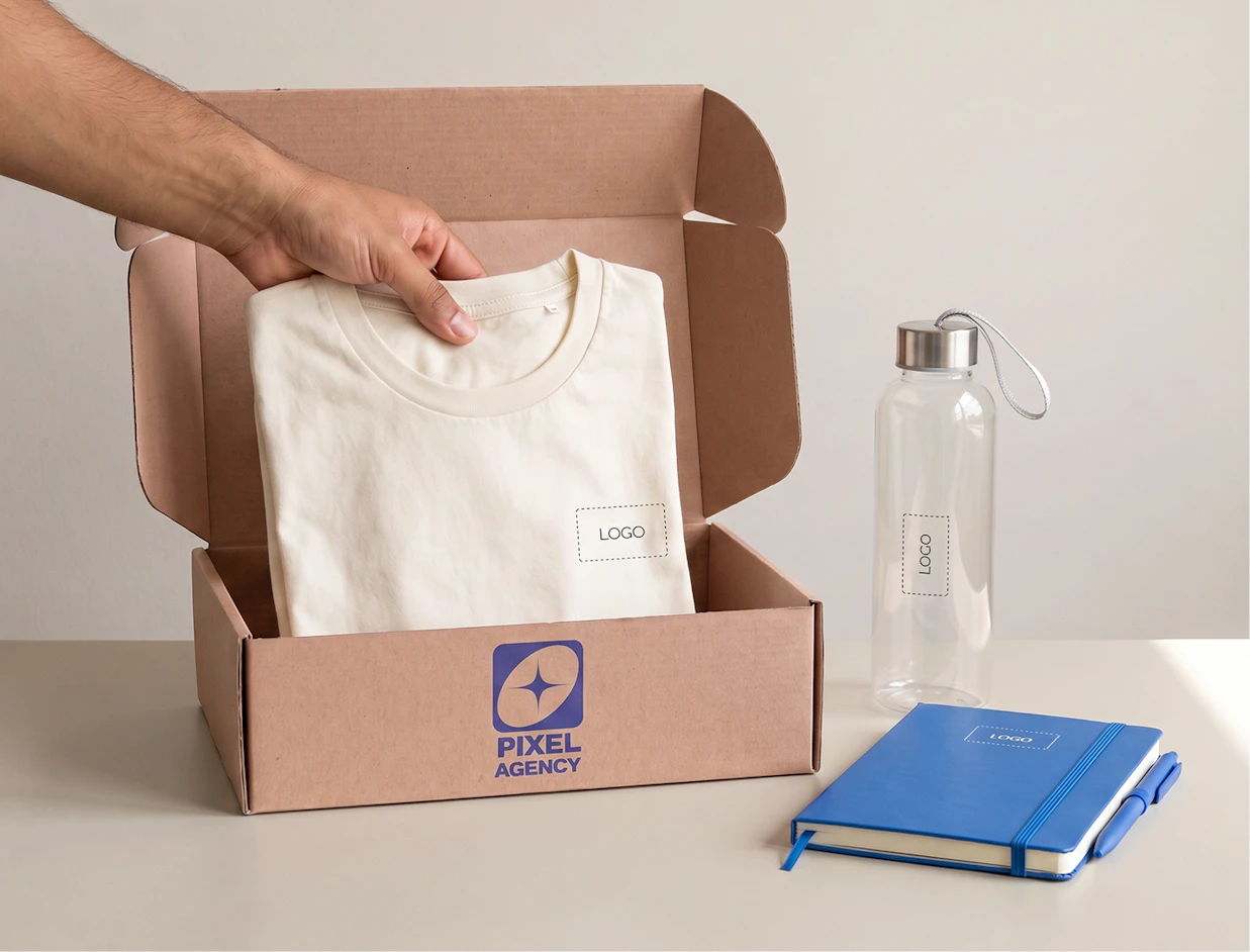 A hand taking a folded cream t-shirt out of an open 'PIXEL AGENCY' kraft cardboard box next to a water bottle and a blue notebook