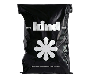 Black recycled poly mailer with white print and logo