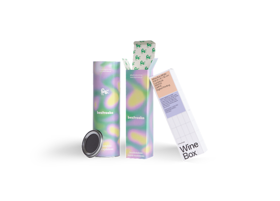 Three pastel, holographic packing tubes with prints.