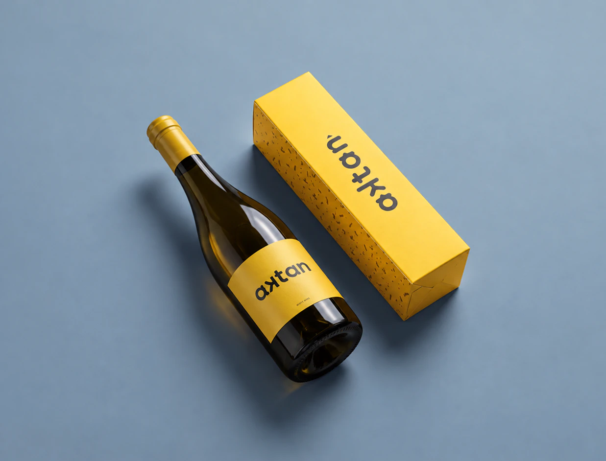 A bottle of white wine with a yellow label lying beside a yellow wine box printed with 'axtan' on a blue background