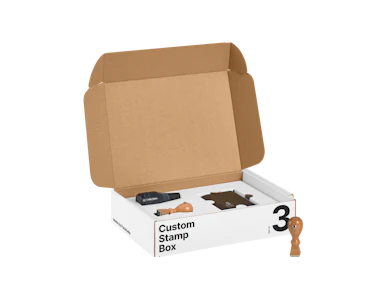 Personalisierter Stempel mit Stempelkissen und Tintenflasche