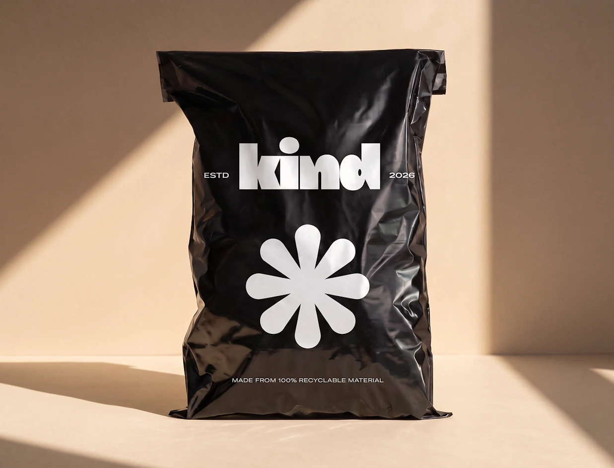 A black poly mailer bag printed with 'kind' and a white floral graphic, labeled 'MADE FROM 100% RECYCLABLE MATERIAL'