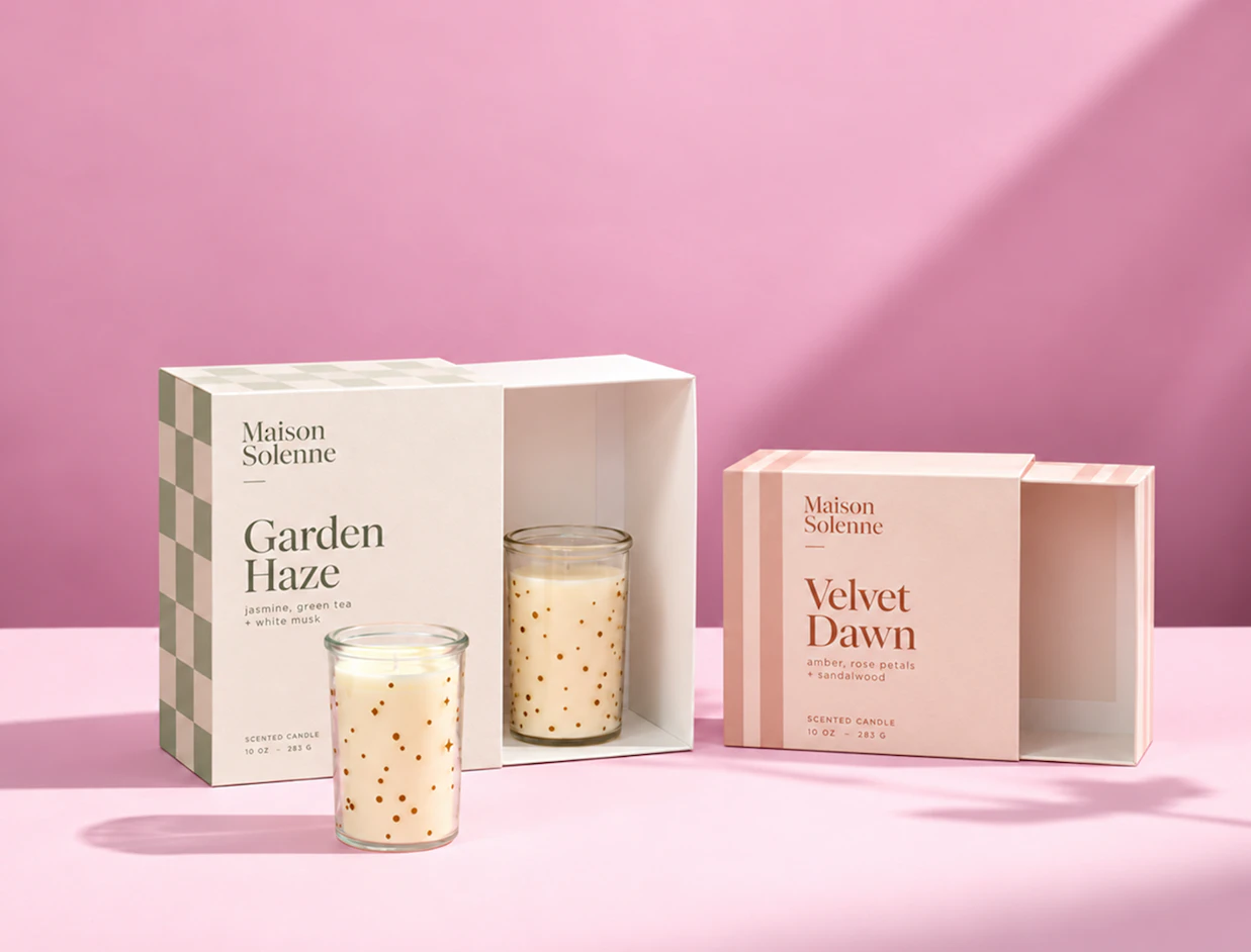Two sliding drawer candle boxes branded 'Maison Solenne' displaying glass candle jars decorated with gold dots against a pink backdrop