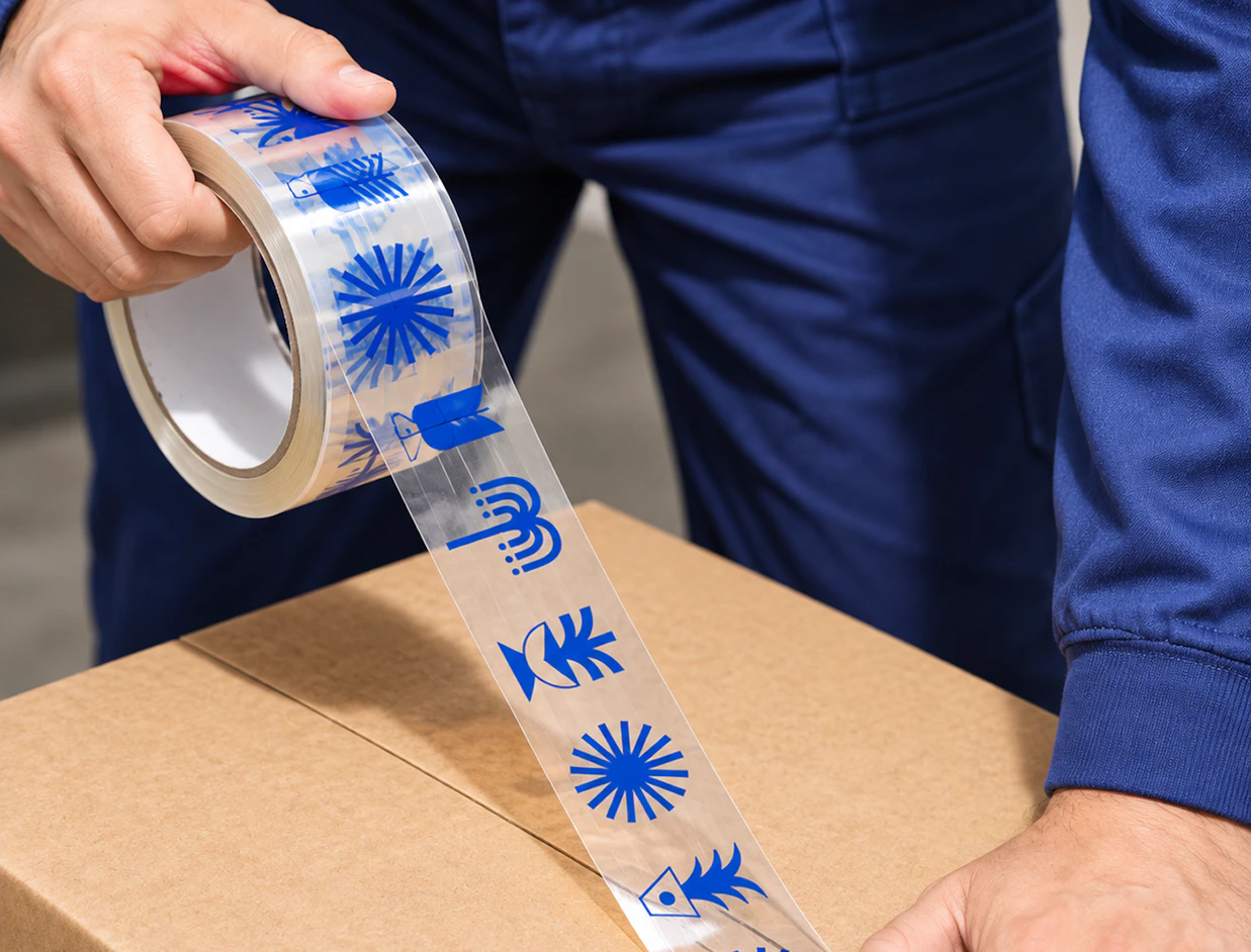 A worker taping a cardboard box with transparent tape featuring blue abstract icons