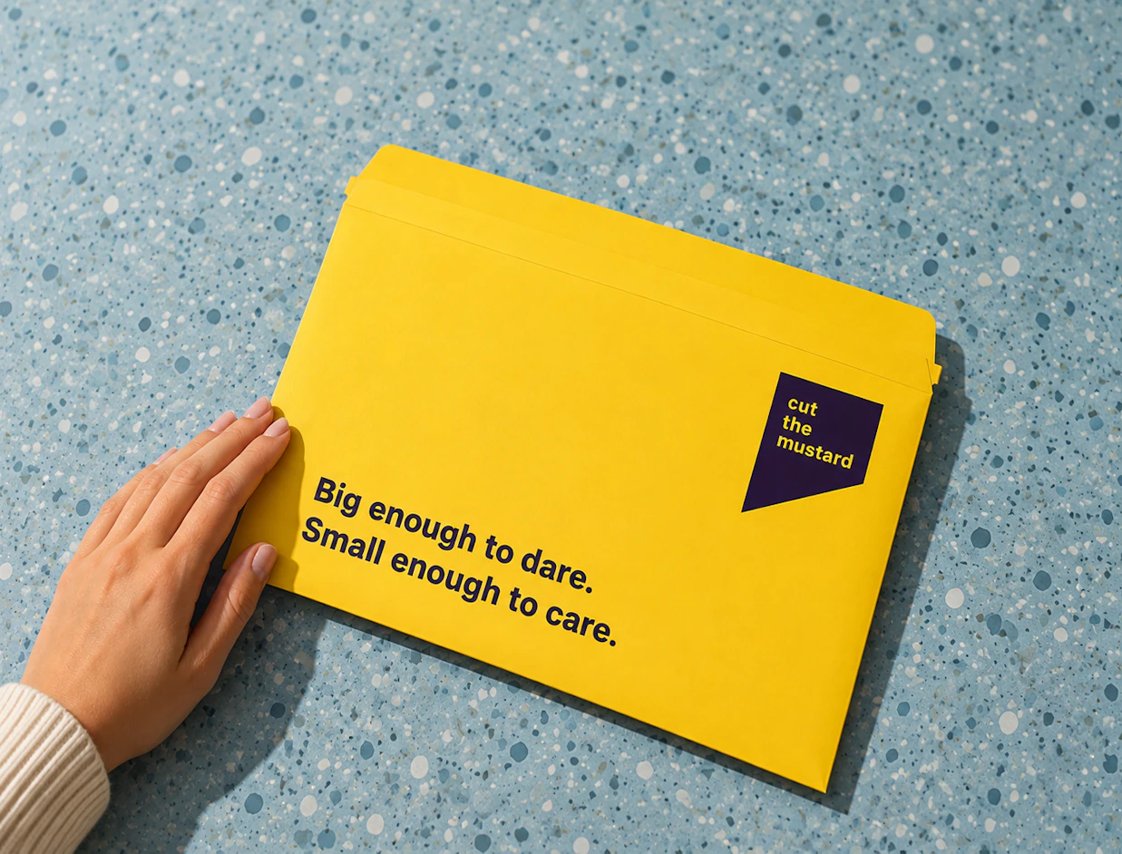 A hand resting next to a bright yellow cardboard envelope printed with 'cut the mustard' logo on a blue speckled surface