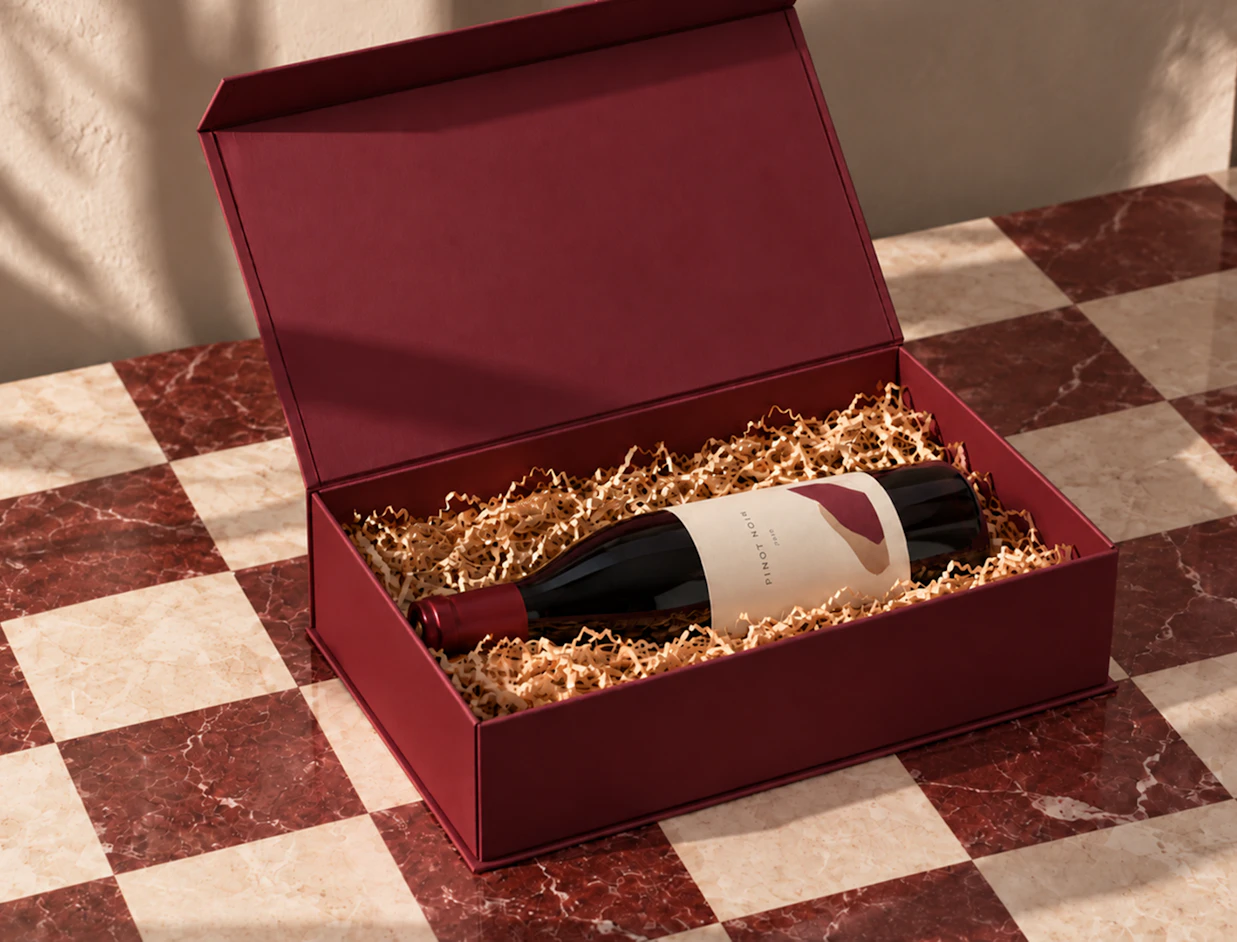 An open deep red presentation box holding a bottle of Pinot Noir on shredded paper over a checkered marble table