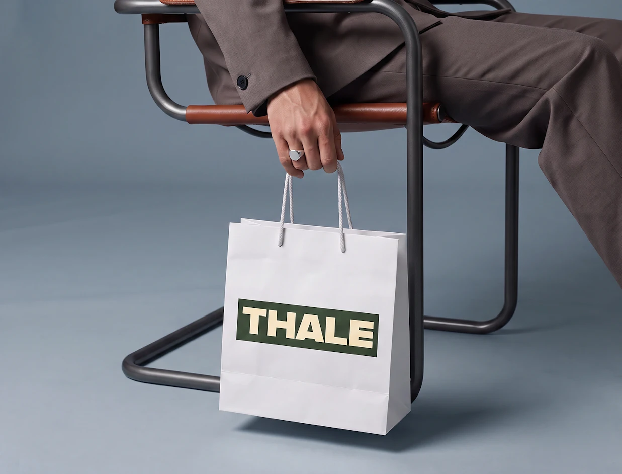 A person in a suit seated on a chair holding a white paper shopping bag with 'THALE' printed on a green block