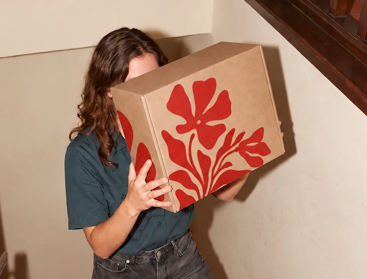 Person holding a kraft eco mailer box with a large one-colour red floral print