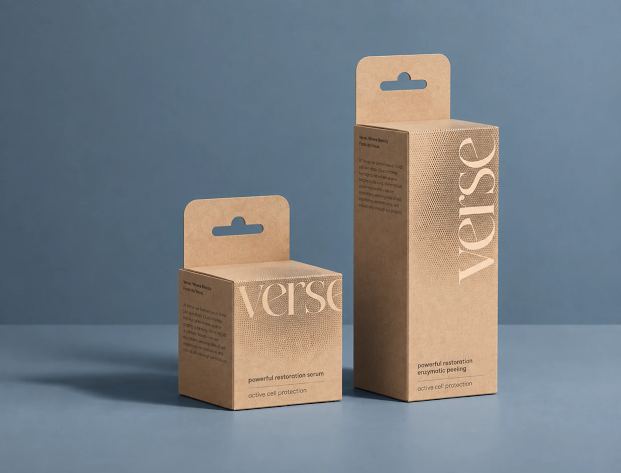 Two kraft cardboard retail boxes with euro-hang tabs branded 'verse' for skincare products