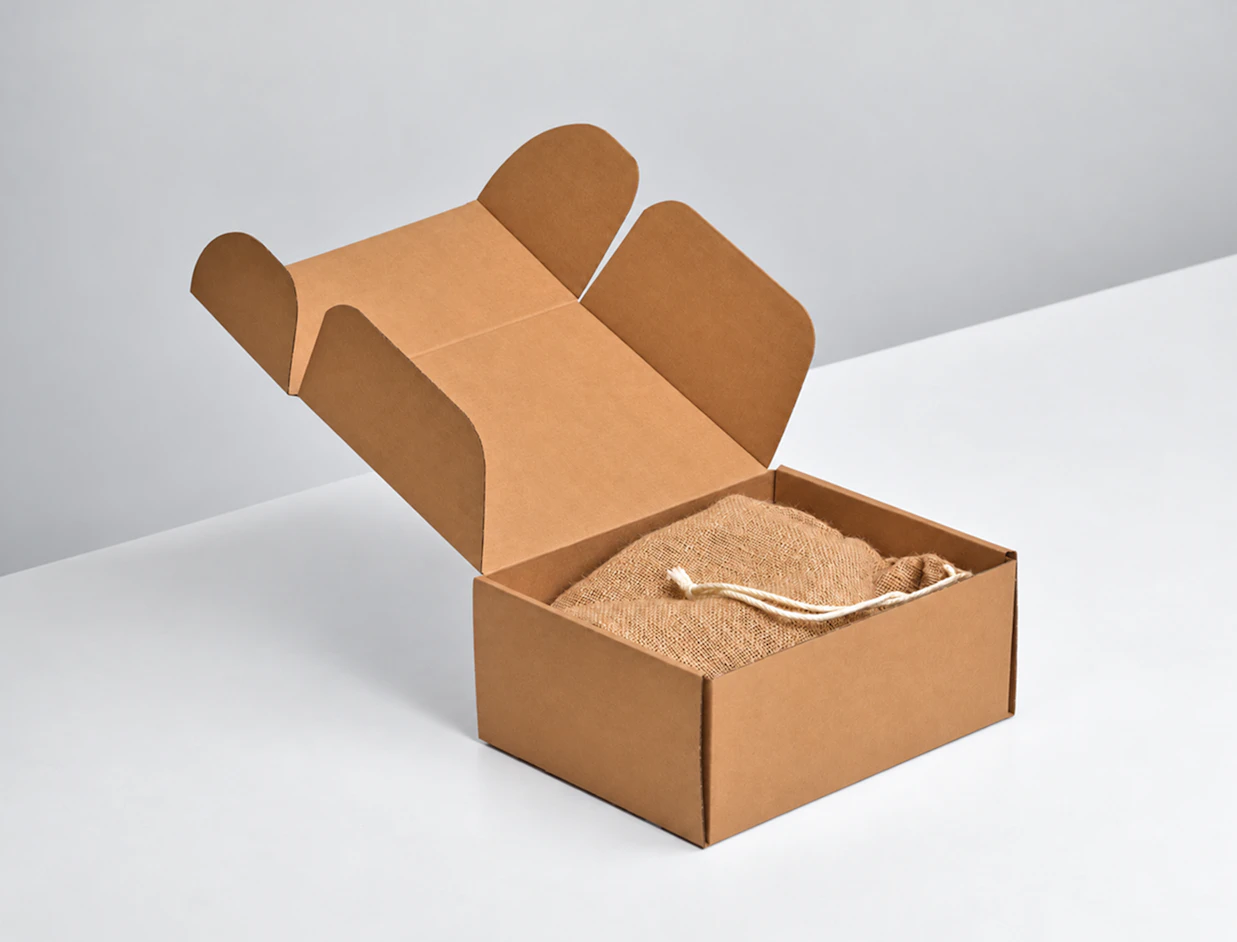 An open kraft cardboard mailer box containing a brown burlap drawstring bag on a white surface