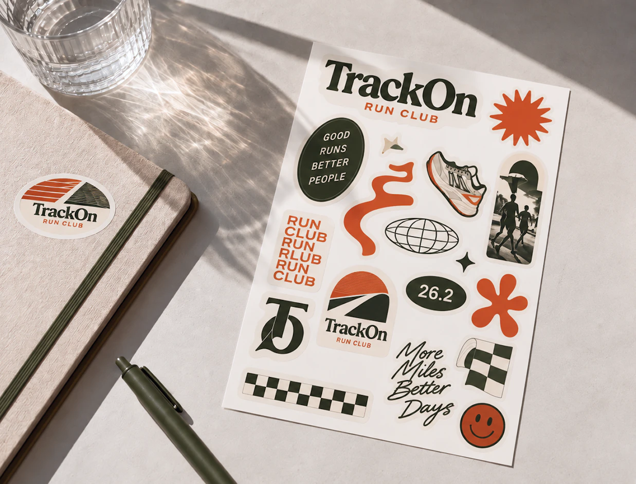 Sticker sheet titled 'TrackOn RUN CLUB' with running-themed stickers next to a notebook and a glass of water on a desk