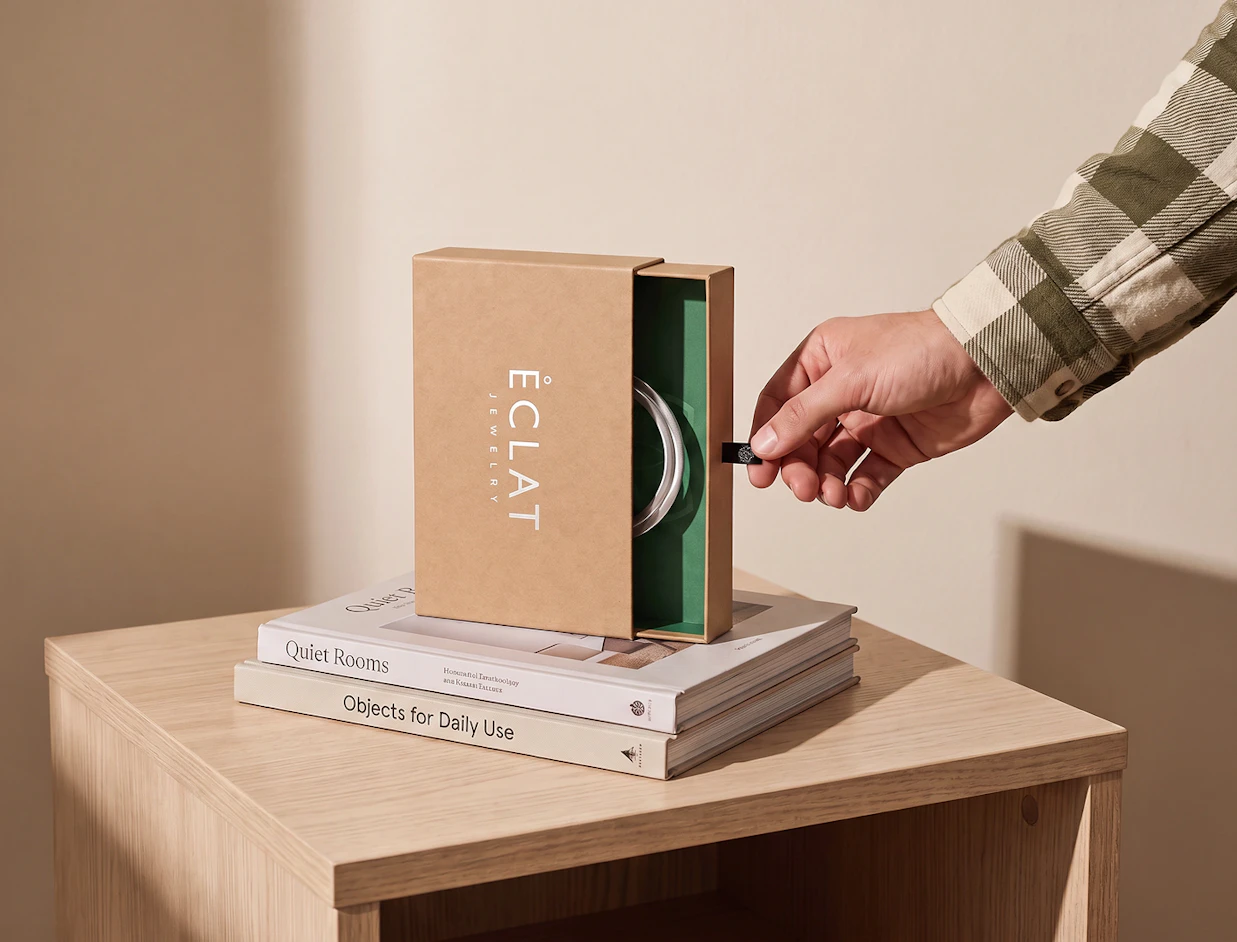 A hand opening a kraft sliding drawer box branded 'ÉCLAT JEWELRY' resting on a stack of books on a wooden nightstand