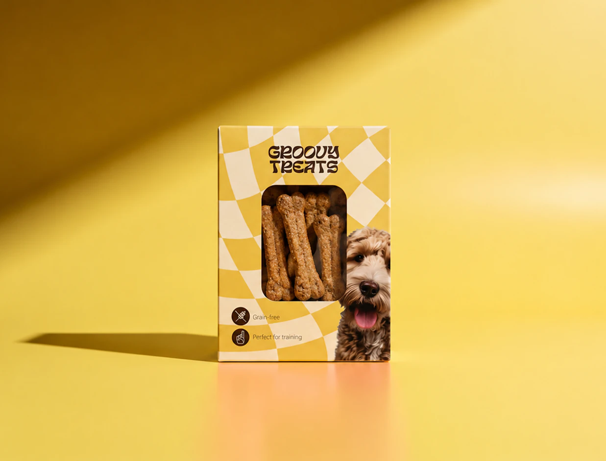 A yellow checkered dog treat box labeled 'GROOVY TREATS' with a clear window showing bone-shaped biscuits next to a photo of a dog