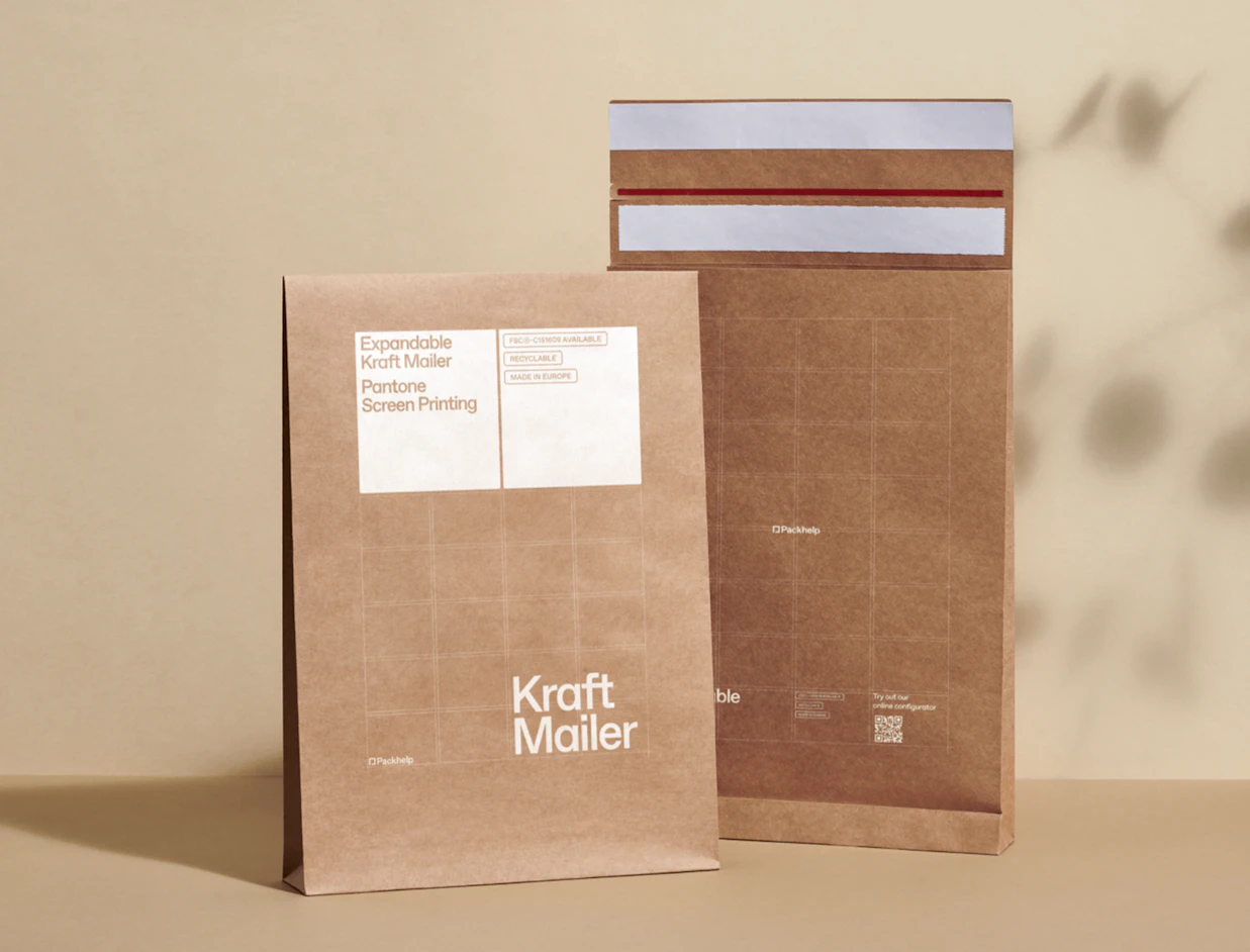 Two expandable kraft mailers with a white print and address labels, standing upright