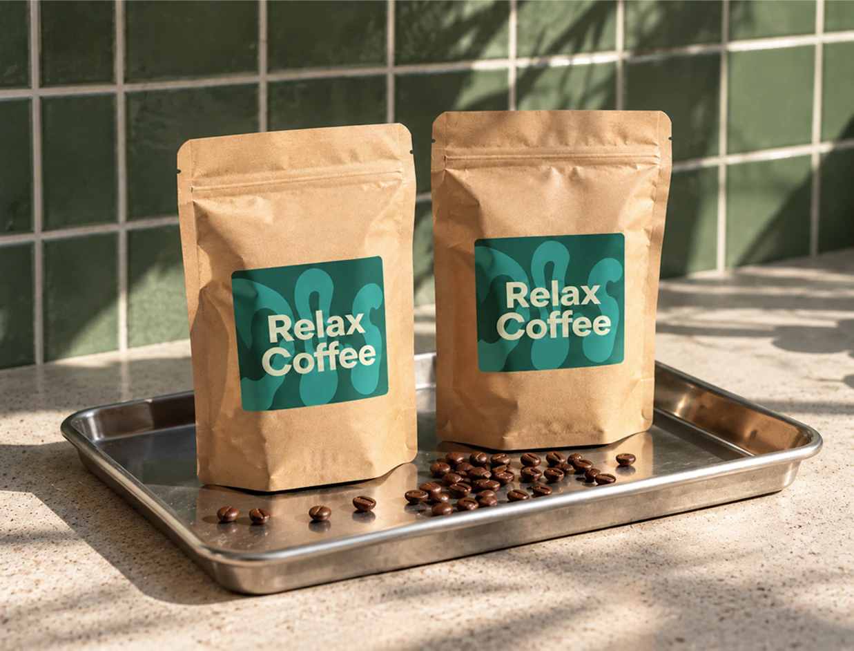 Two brown kraft paper pouches printed with green 'Relax Coffee' labels placed on a metal tray with coffee beans in front of green tiles