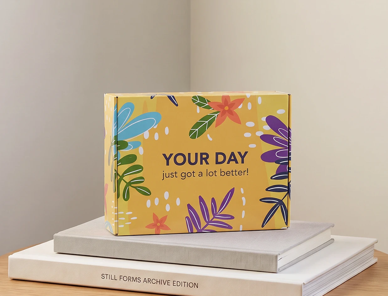 A yellow mailer box decorated with colorful botanical illustrations and 'YOUR DAY just got a lot better!' text resting on a stack of books