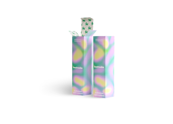 Two pastel, holographic mailing tubes with prints, one open.