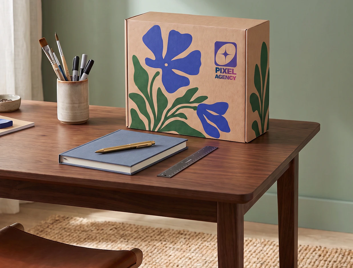 A kraft cardboard box printed with blue floral illustrations and the 'PIXEL AGENCY' logo standing on a wooden desk next to stationery