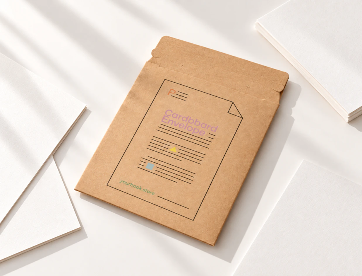 Kraft cardboard mailer envelope printed with 'Cardboard Envelope' document design, resting among white paper sheets