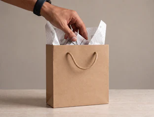 A hand placing a wrapped gift into a plain kraft paper bag lined with patterned tissue paper
