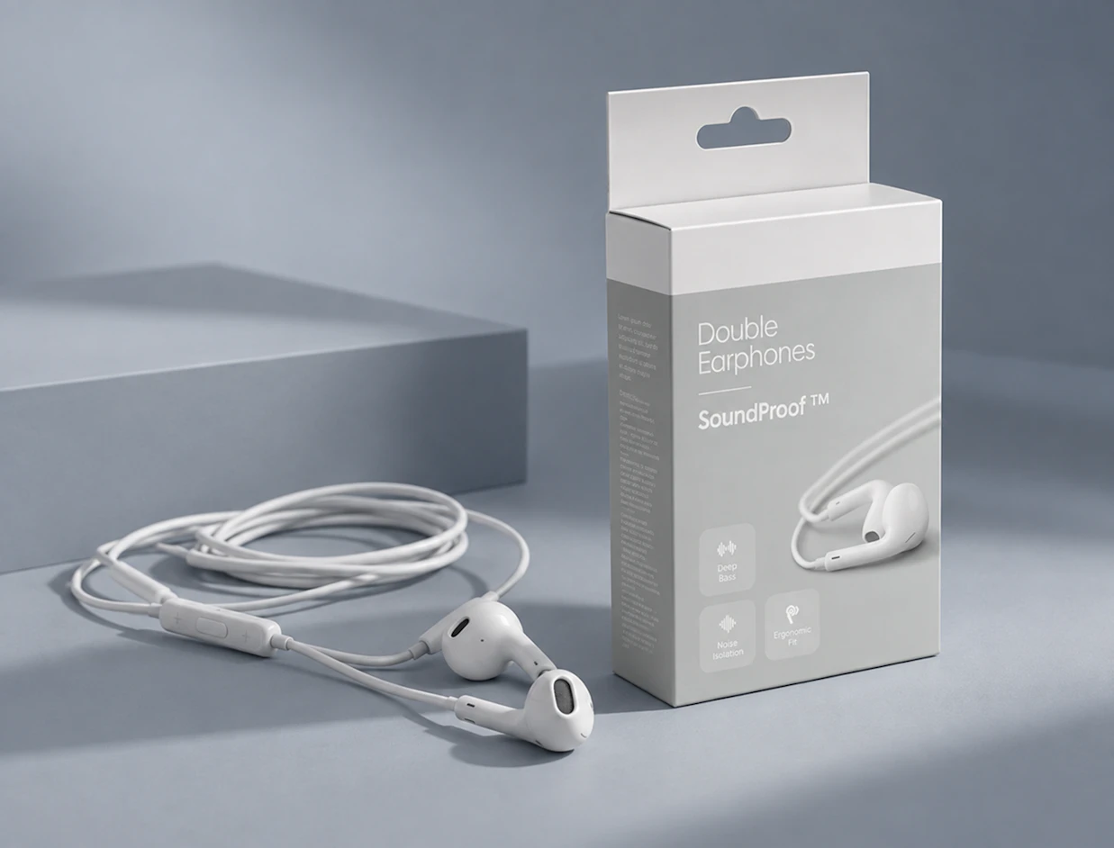 A pair of white wired earphones lying next to their retail packaging box labeled 'SoundProof