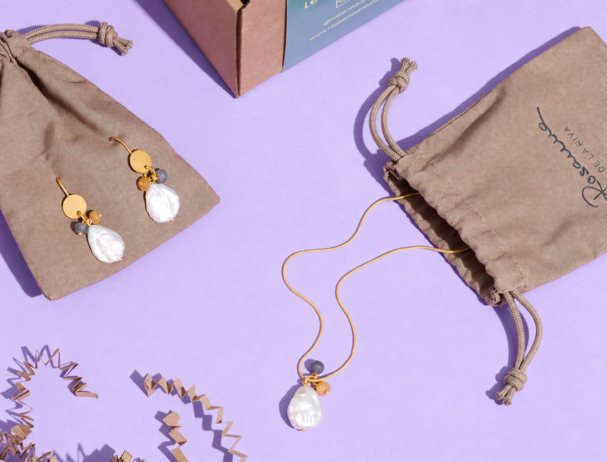 Pearl earrings and a matching necklace displayed next to taupe drawstring jewelry pouches branded with 'Rosanna'
