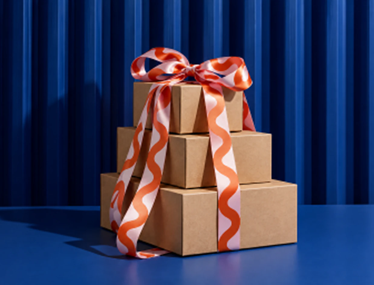 A stack of three kraft cardboard boxes tied with a pink and orange wavy-patterned ribbon bow against a blue background