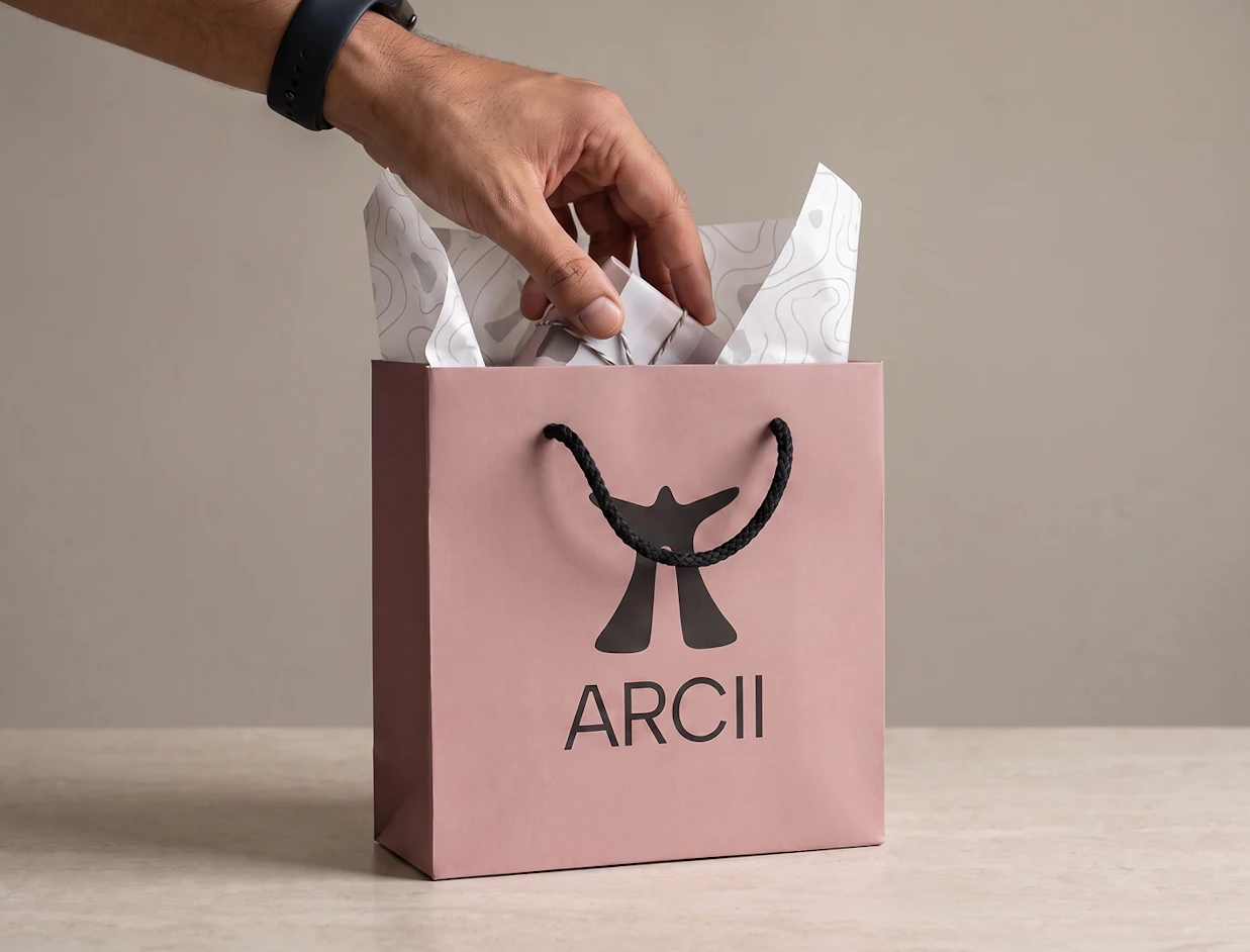 A hand placing a wrapped item into a dusky pink paper gift bag branded 'ARCII' with black rope handles