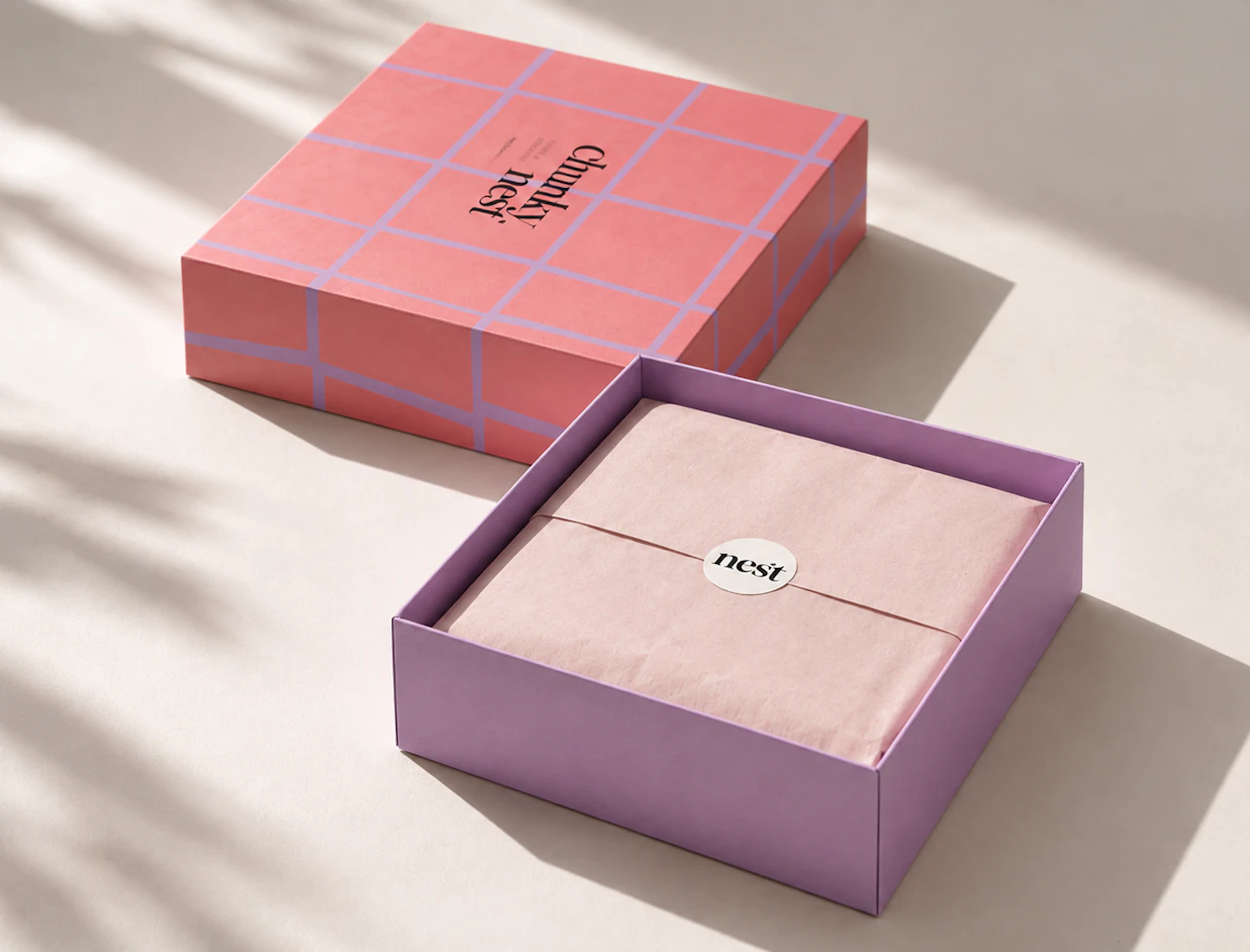 An open two-piece gift box with a pink grid lid and a purple base containing tissue paper sealed with a 'nest' sticker