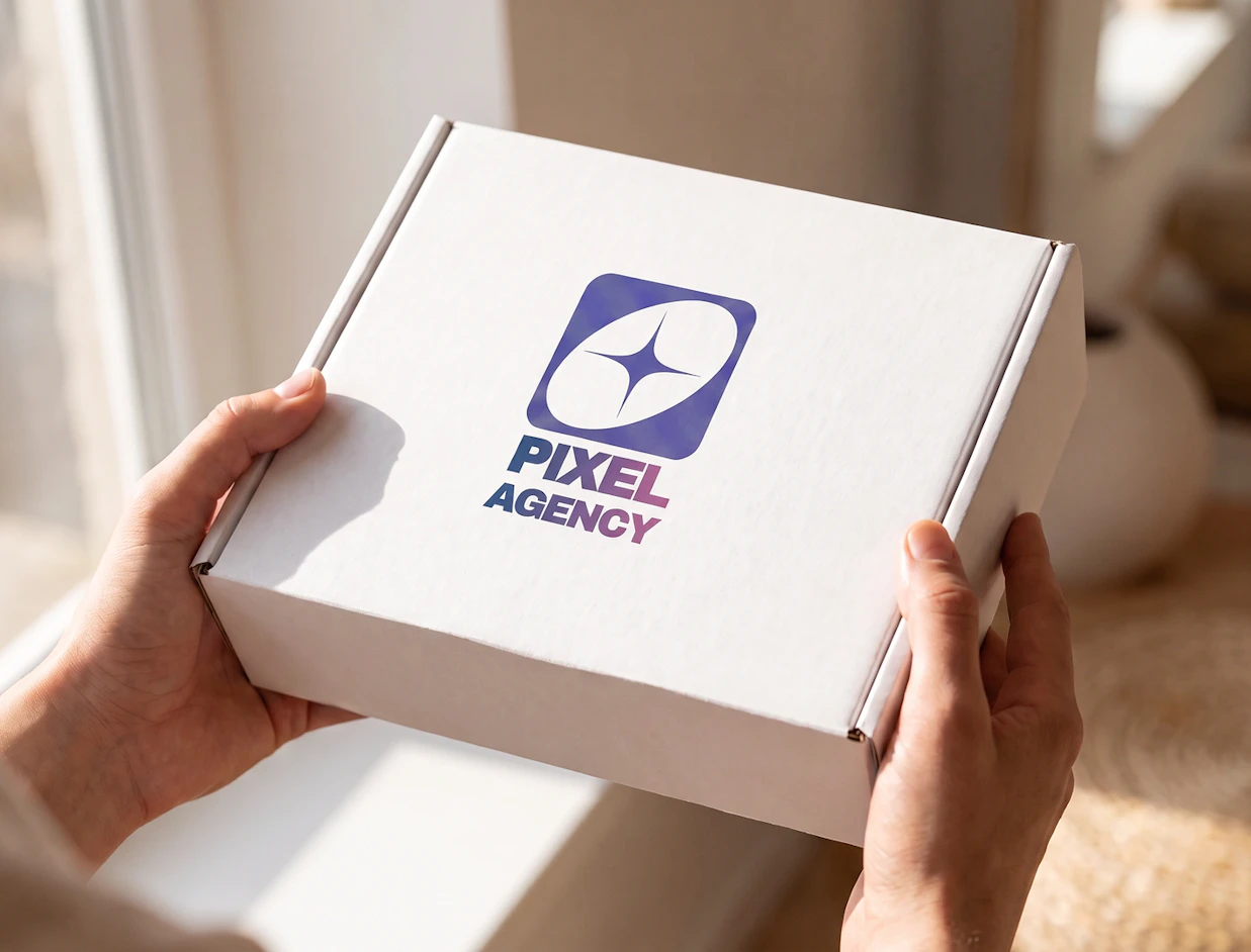 Hands holding a custom white cardboard box printed with a purple 'PIXEL AGENCY' logo