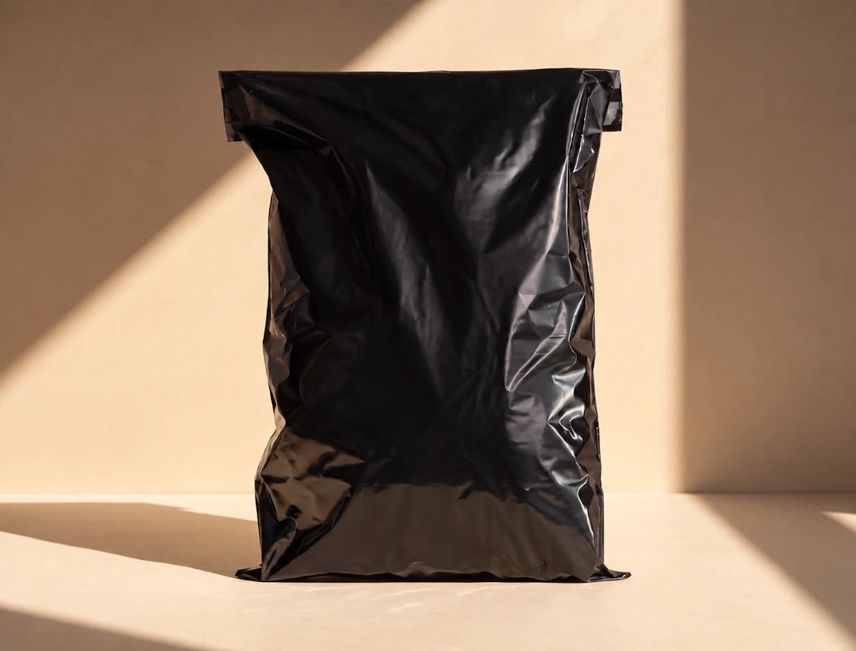 A plain black glossy poly mailer bag standing upright on a beige surface in bright sunlight