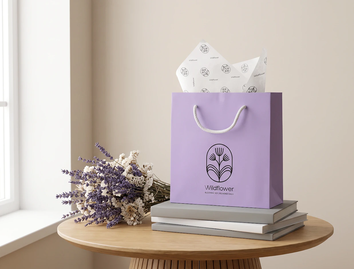 A lavender paper gift bag branded 'Wildflower' resting on a stack of books next to dried flowers on a wooden table