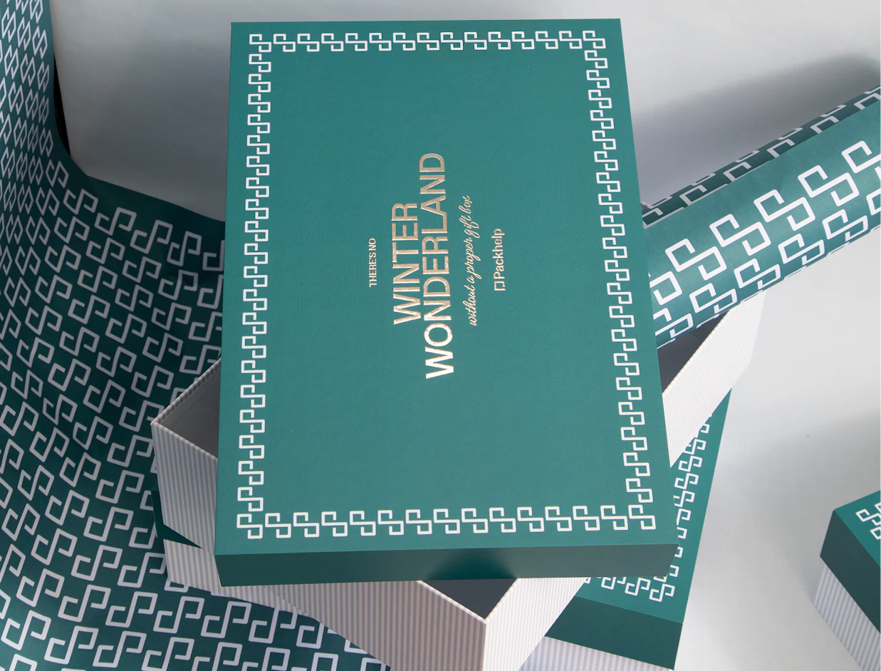 Dark green gift box with gold foil lettering reading 'WINTER WONDERLAND' framed by a geometric border