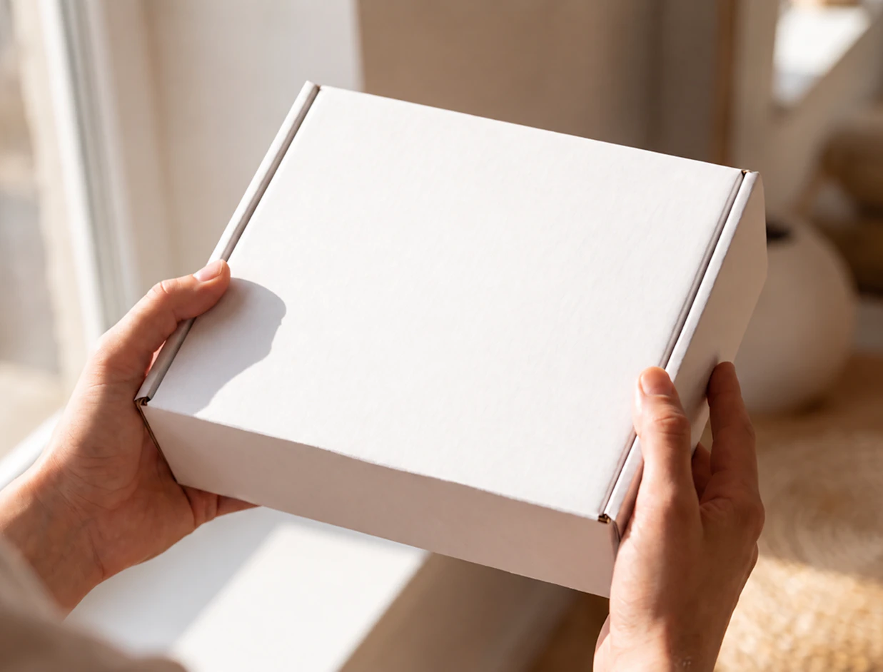 Hands holding a blank white corrugated cardboard mailer box near a window