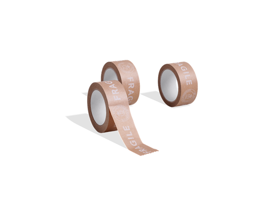 Three rolls of brown packing tape with white text.
