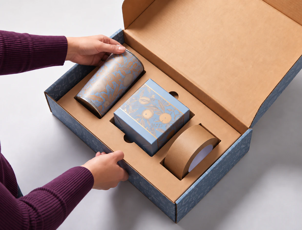 Hands placing blue patterned tin and gift box into a custom cardboard insert inside a shipping box